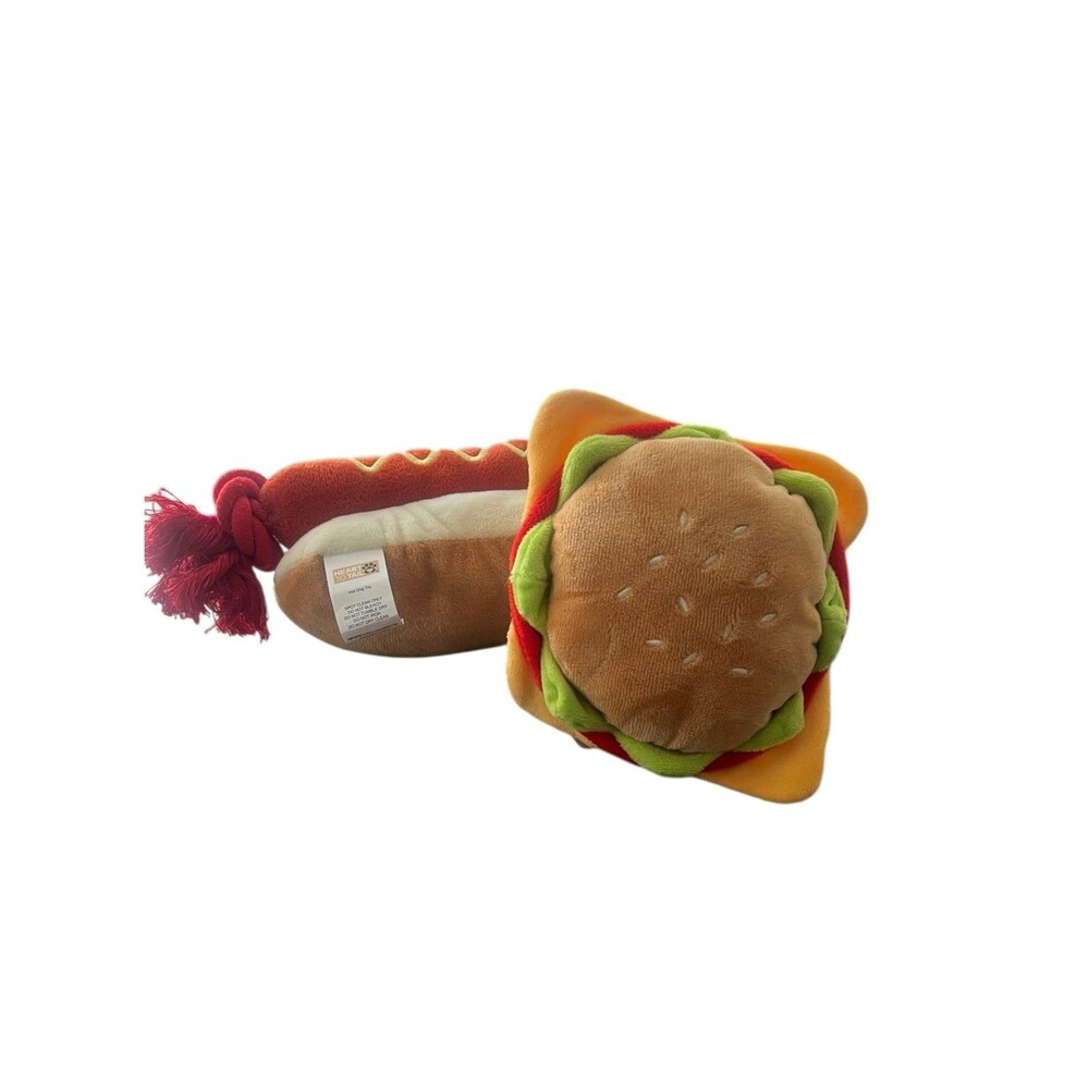 Dog Toy Plush Chew Toys Hamburger/Hot Dog.  Rope/Squeaky/ Crinkle Sounds/Fun NEW